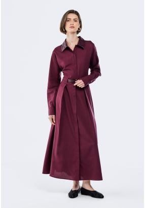 PU Leather Collar Pleated Dress