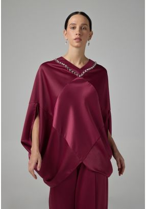 Solid Crystal Embellished Cape Blouse