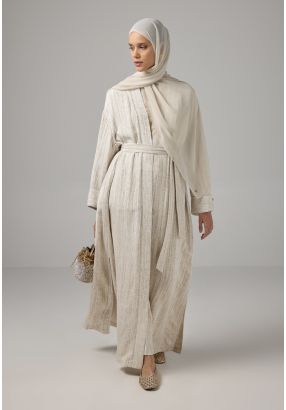 Textured Contrast Belted Abaya With Hijab