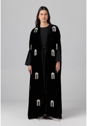 Solid Beads Embellished Velvet Open Abaya