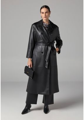 PU Leather Belted Trench Coat