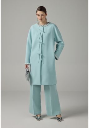 Bow-Detail Crystal Embellished Midi Jacket