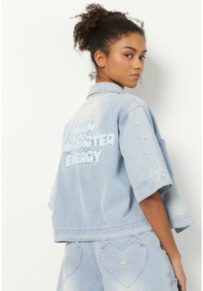 Faux Pearls Embellished Denim Jacket