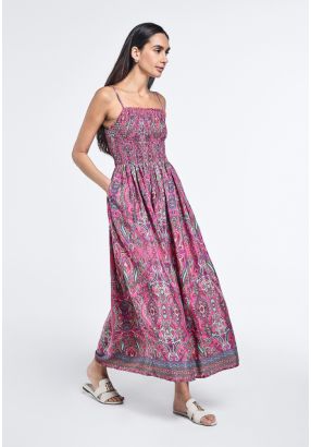  Smocked Printed Flared Dress