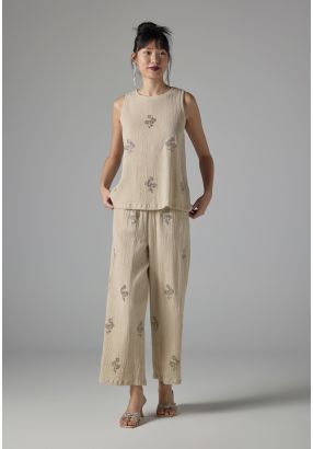 Elastic Waistband Crinkled Solid Trousers