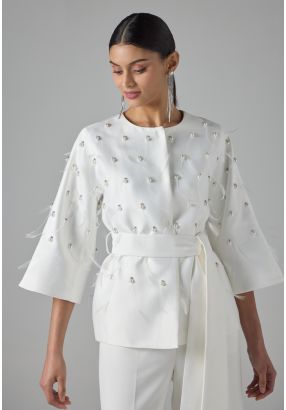 Embellished Faux Pearl Feather Jacket