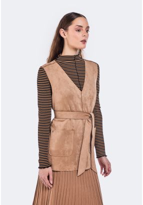 V-Neck Belted Velvet Vest