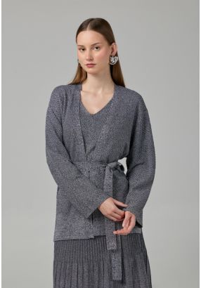 Solid Lurex Knitted Belted Cardigan