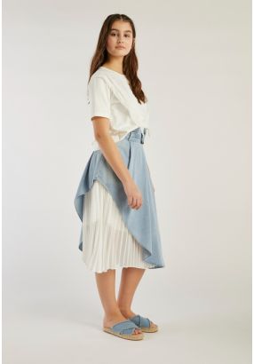 Short Belted Pleated Denim Skirt
