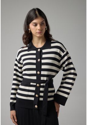 Two-Tone Knitted Belted Cardigan