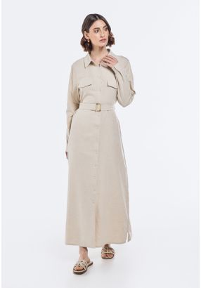 Solid Belted Linen Shirt Dress