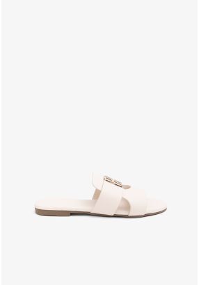 Classic Metal Logo PU Leather Flat Slides