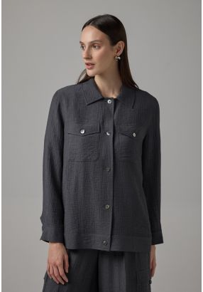 Solid Front Flap Pockets Crinkled Jacket
