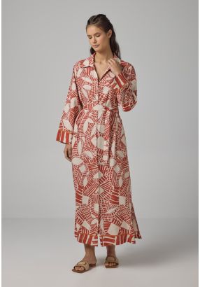 Printed Long Sleeve Belted Shirt Dress