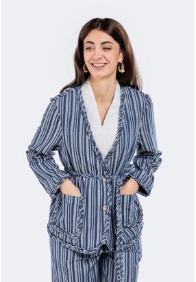 Striped Belted Denim Jacket