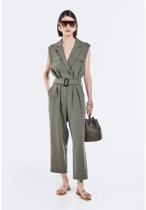 Notched Collar Belted Jumpsuit