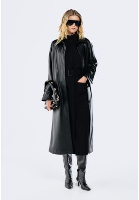 PU Leather Belted Trench Coat