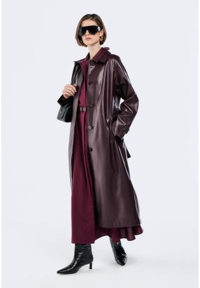 PU Leather Belted Trench Coat