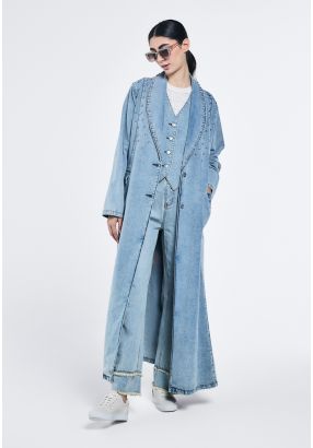 Pearl And Crystal Embellished Denim Abaya