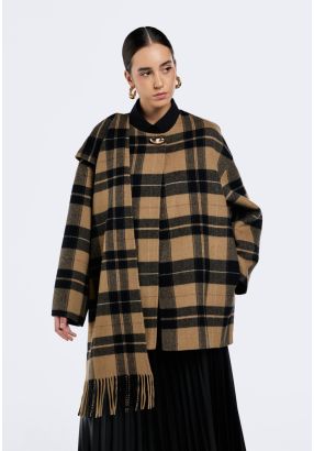 Plaid Jacket with Attached Scarf