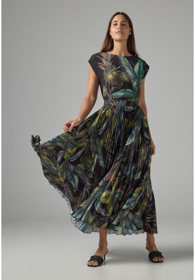 Printed Pleated Flared Skirt