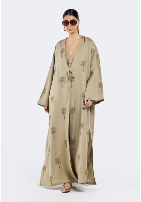 Embroidered Bead Embellished Linen Abaya