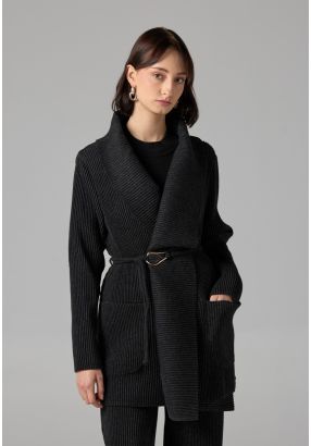 Knitted Ribbed Belted Cardigan