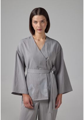 Long Sleeve Embroidered Belted Kimono