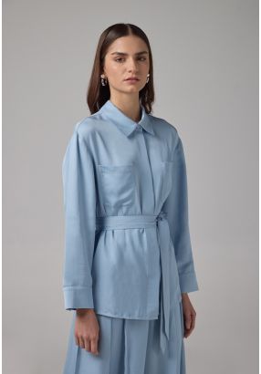 Solid Front Pockets Belted Shirt