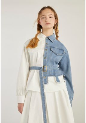 Belted Jacket With Denim Details