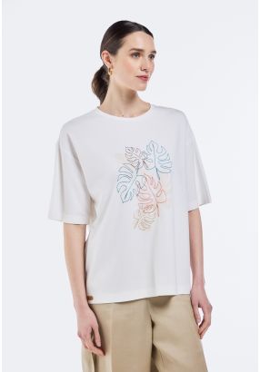 Multicolor Leaf-Embroidered T-Shirt