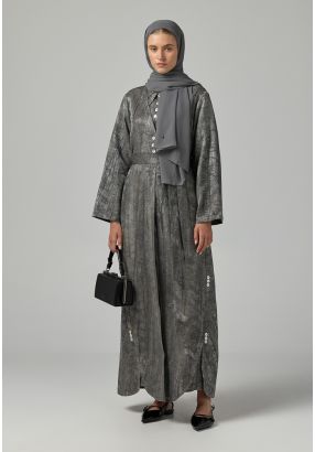 Textured Jacquard Belted Abaya With Hijab (2Pcs)