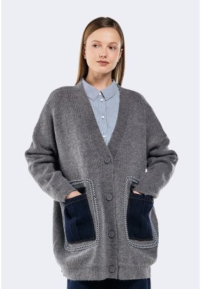 Knitted Cardigan With Denim Pockets