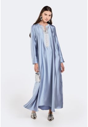 Lace Embellished Crinkled Satin Kaftan