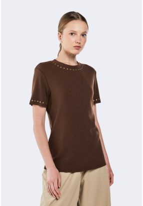 Stud-Embellished Ribbed T-Shirt