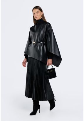 Pleated PU Leather Skirt