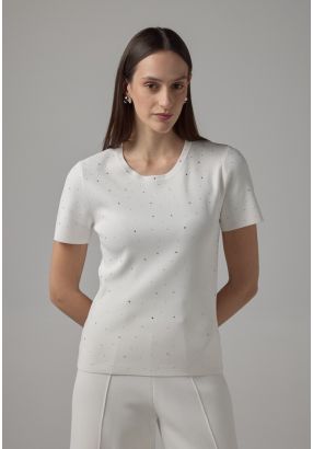 Solid Crystal Embellished Knitted T-Shirt