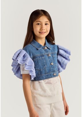 Ruffled Striped Sleeves Denim Jacket