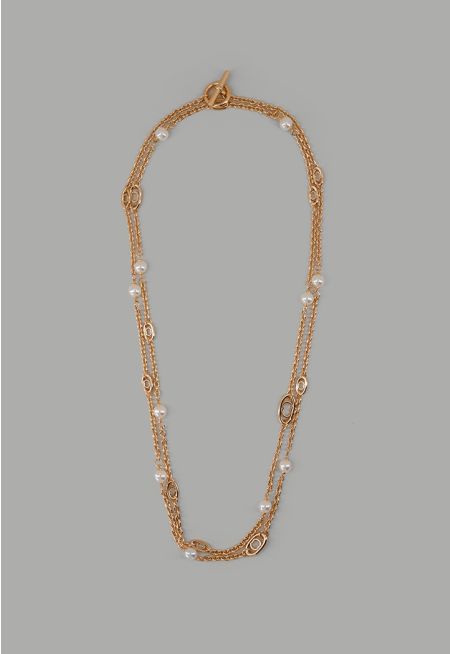 Long Faux Pearls Metallic Necklace