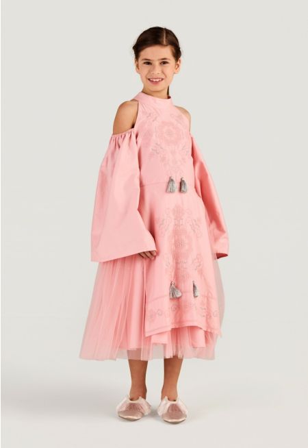 Embroidered Cold-Shoulder Tulle Dress