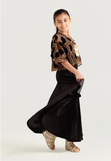 Velvet Dress with Lace Cape Set (2PCS)