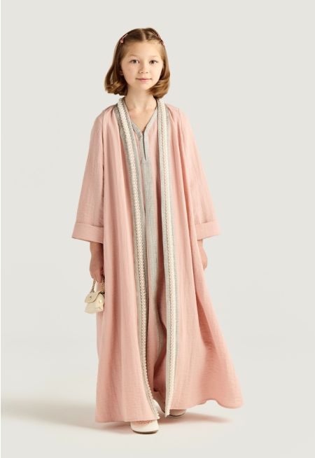 Pearl Trim Open Abaya Set (2PCS)