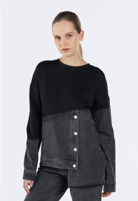 Asymmetrical Hem Blouse with Denim Details