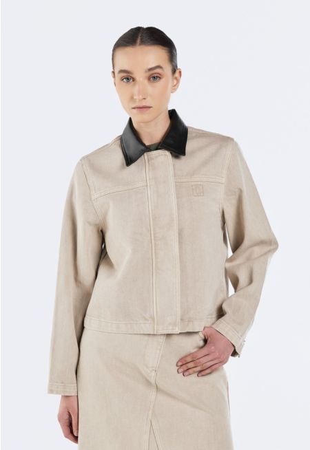 Denim Jacket With PU Leather Collar