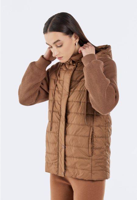 Puffer Jacket with Knitted Sleeves