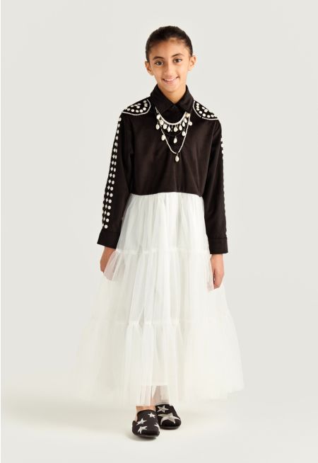 Button Detail Velvet Top Tulle Dress