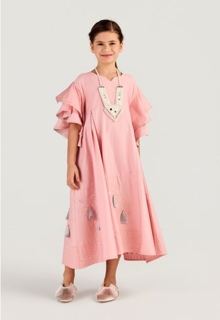 Tiered Flutter Sleeve Tassel Dress