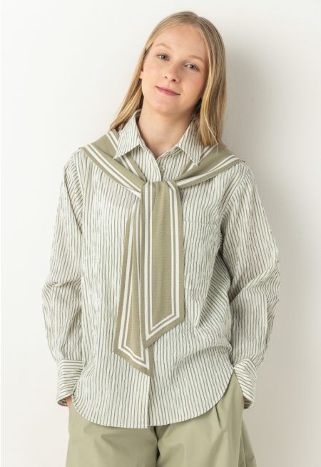 Tie Shoulder Sleeves Striped Shirt