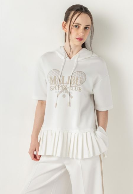 Pleated Hems Short Sleeved Hoodie