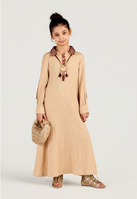 Embroidered Crinkled Shirt Dress